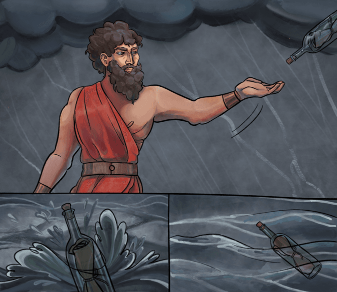 Hercules Is throwing the Bottle with moving supplies and secrets into the sea